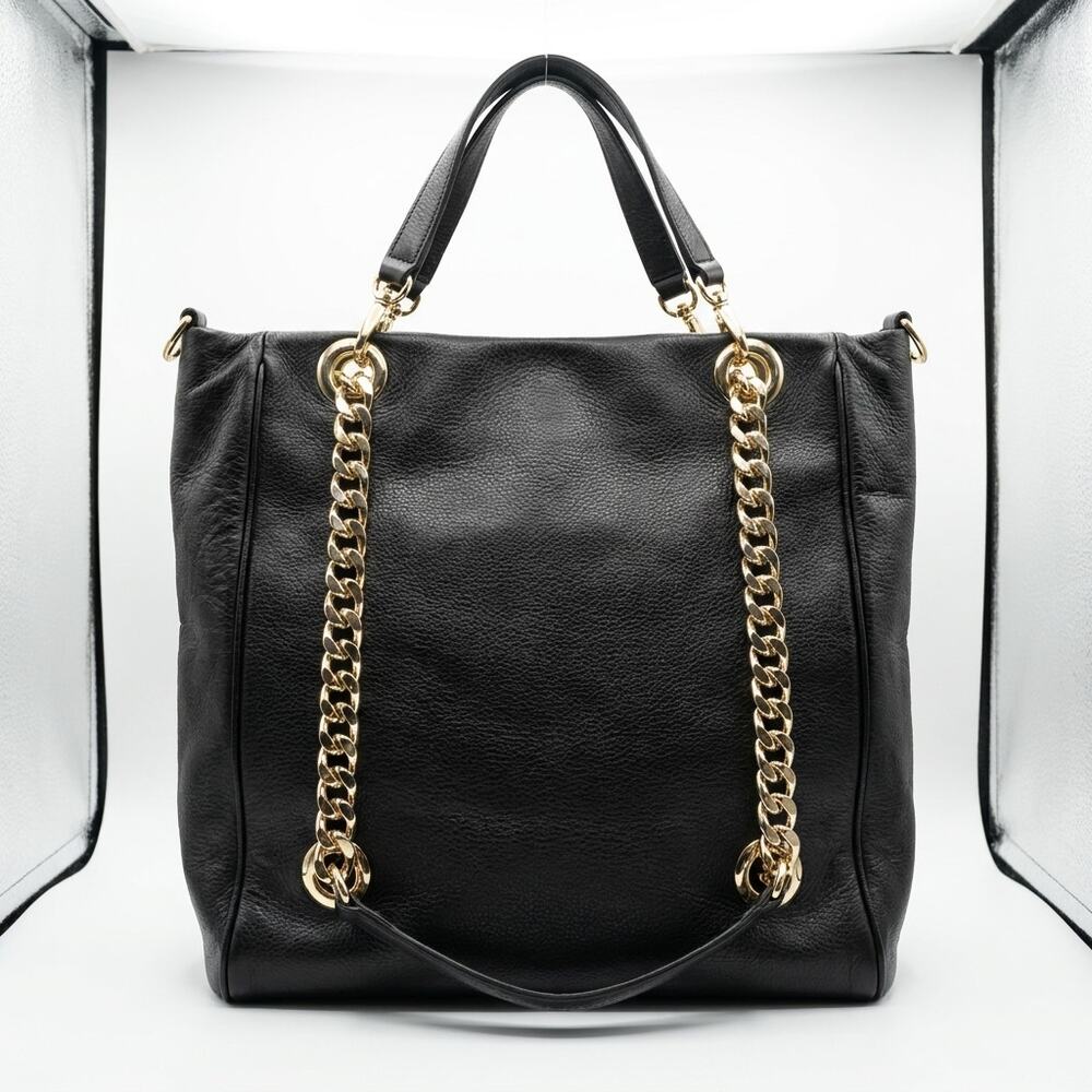 Mario Valentino Black Leather Chain Strap Tote Bag Gold Hardware